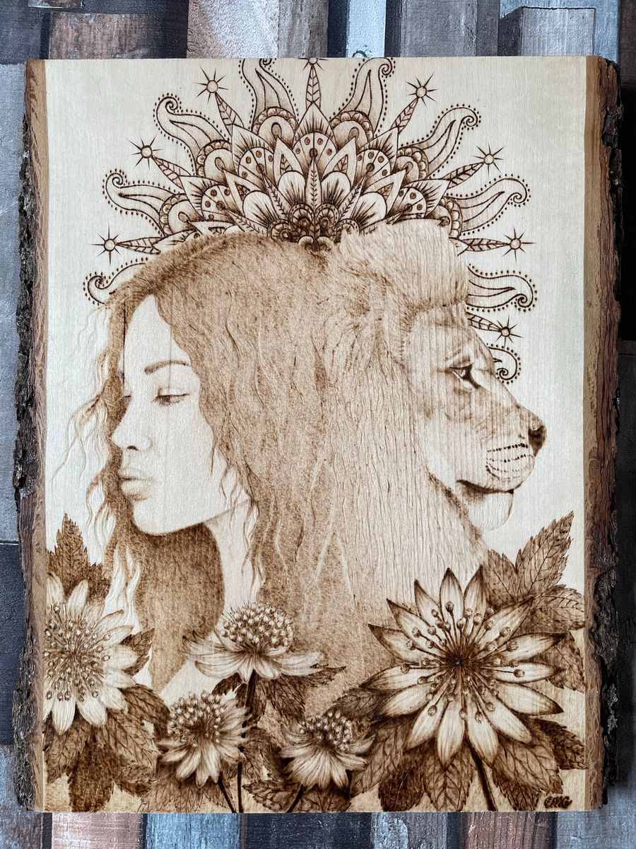 An original composition combining a portrait, a lion and flowers