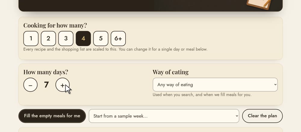 The meal planner: choosing how many people and how many days