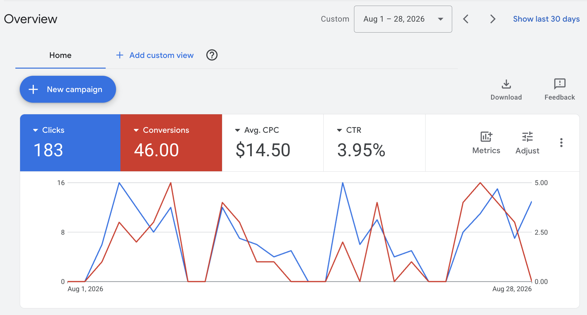 A client paid ad campaign dashboard for August 2026