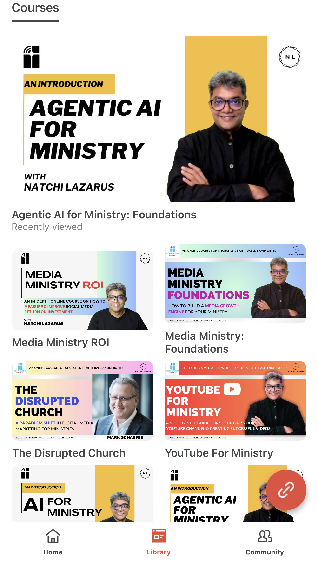 CC Academy app content library showing Agentic AI for Ministry, Media Ministry ROI, Media Ministry Foundations, The Disrupted Church and YouTube for Ministry
