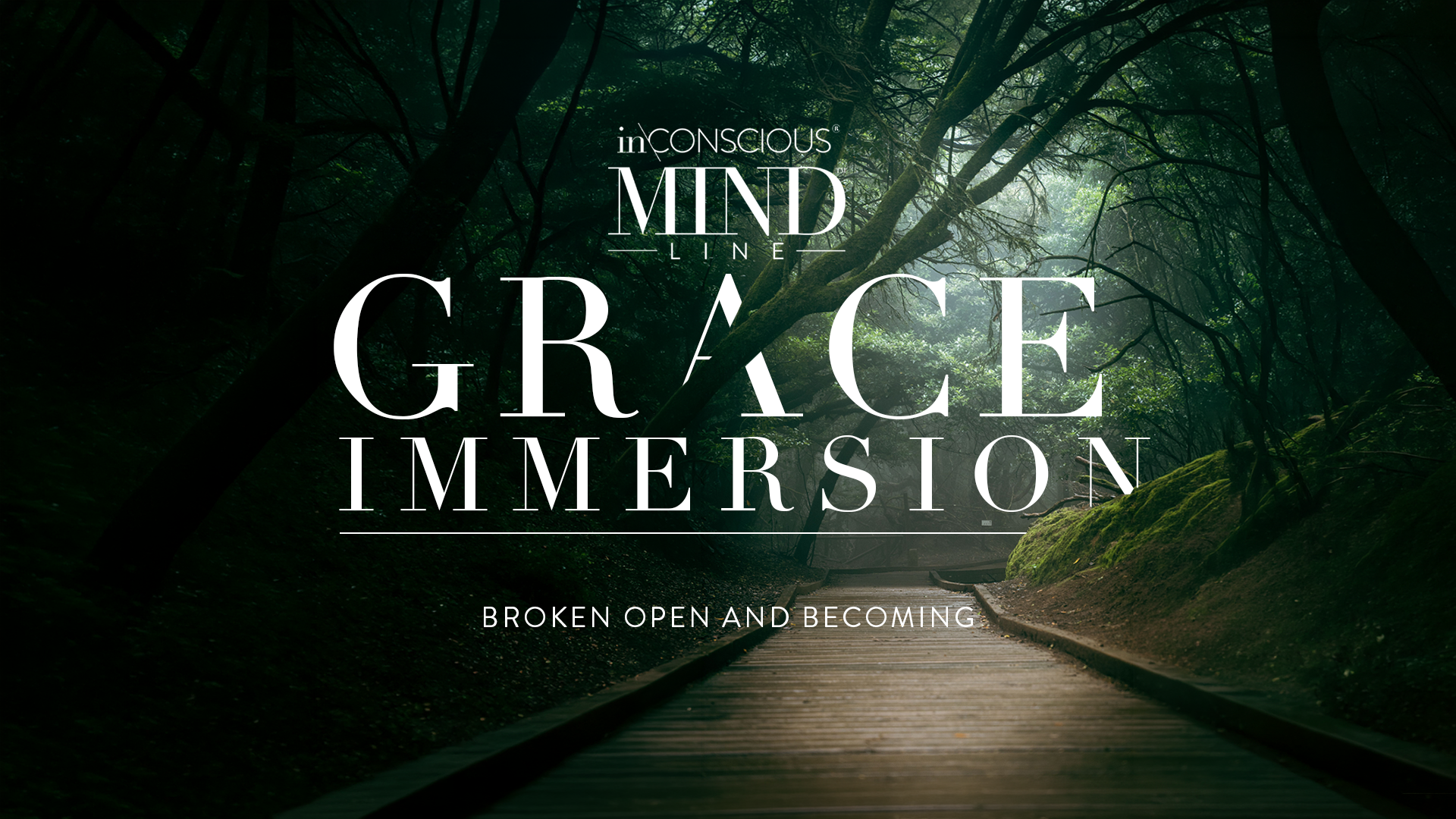 Grace Immersion: a wooden path through a misty green forest