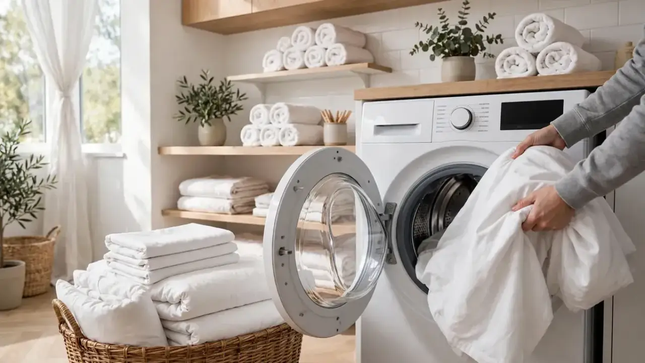 Washing bedding in hot water to kill dust mites and remove allergens