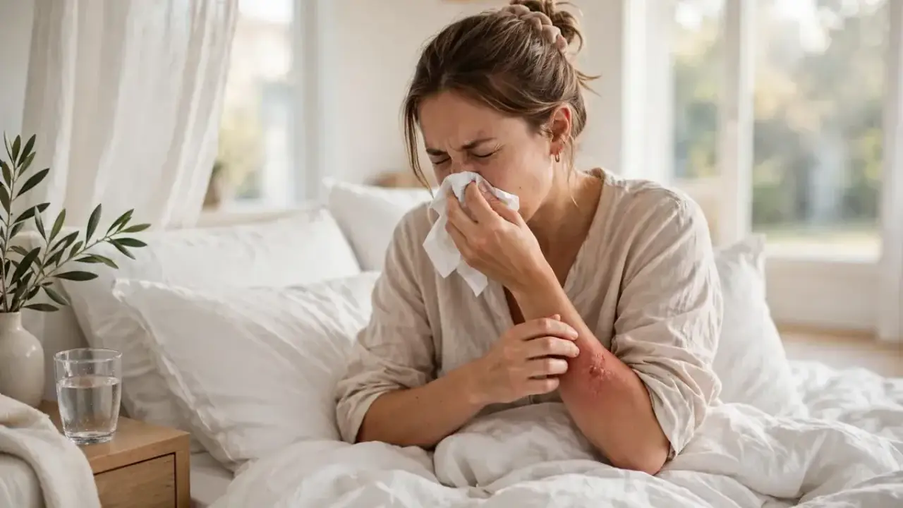 Person waking up with an itchy dust mite allergy reaction on the arm, often mistaken for dust mite bites