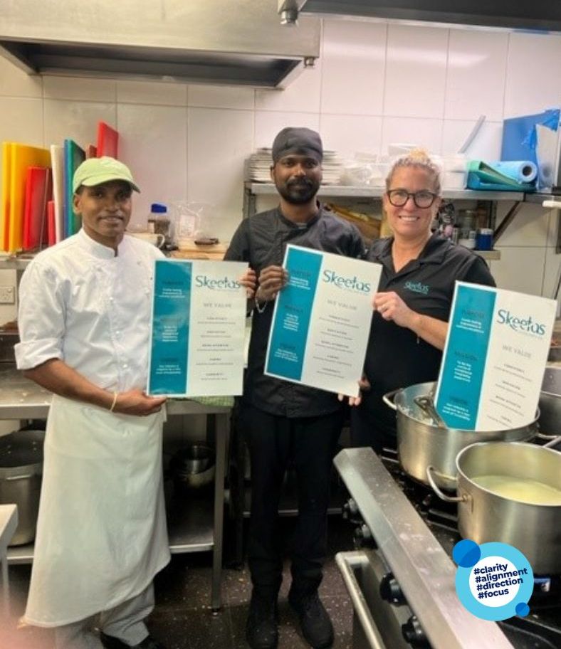 Skeetas kitchen team holding their values pages