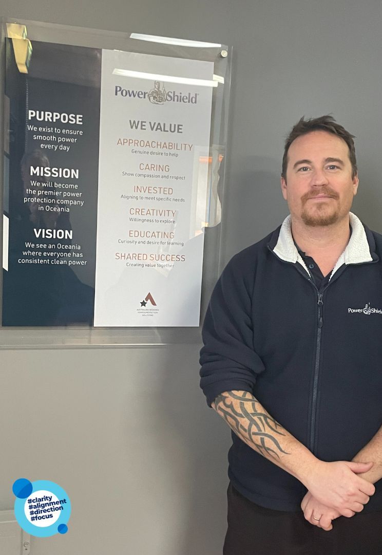 PowerShield purpose, mission and values on the office wall