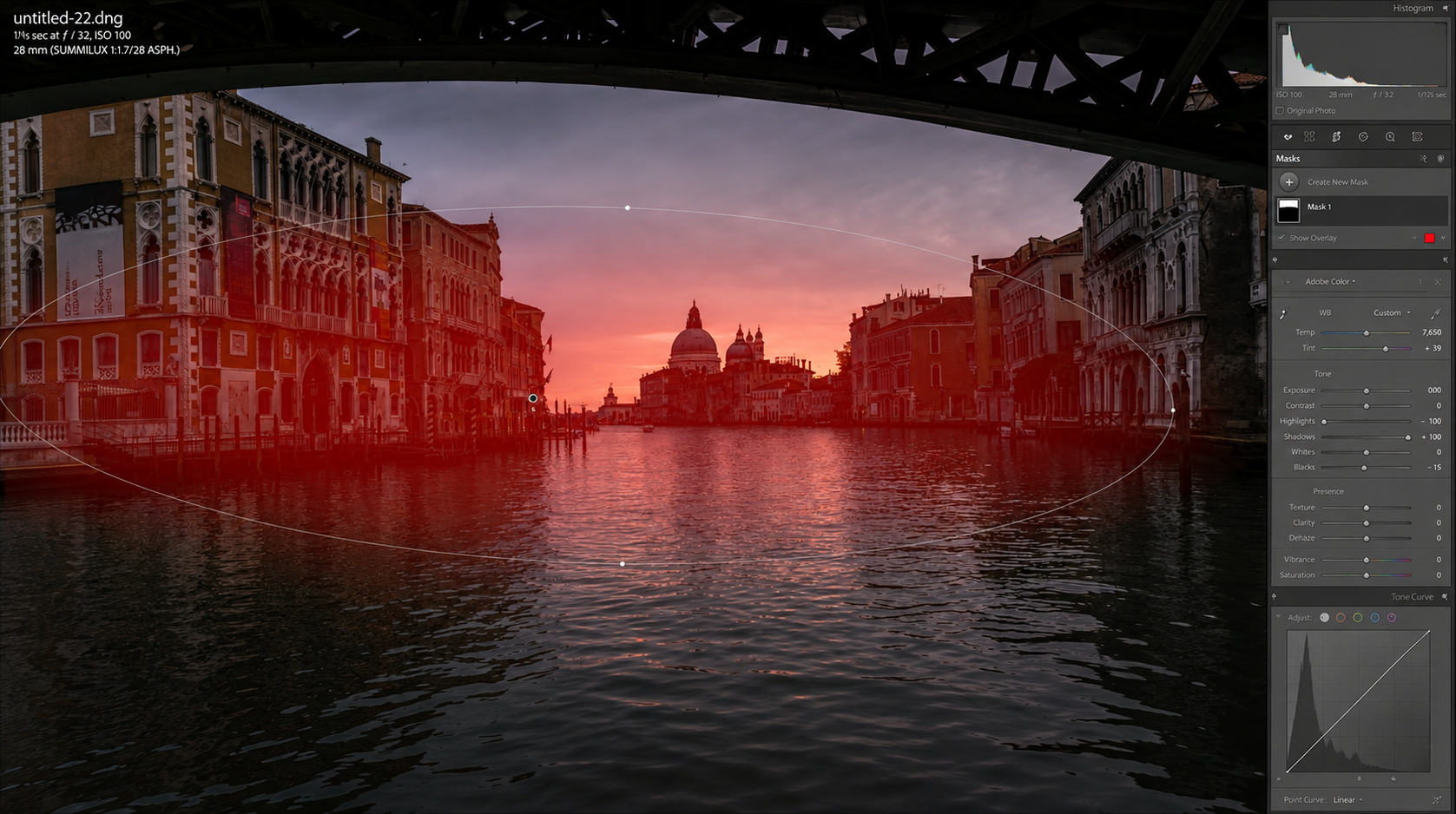 A radial gradient centered on the Venice sunset, feather at 100%, before it's confined to the sky