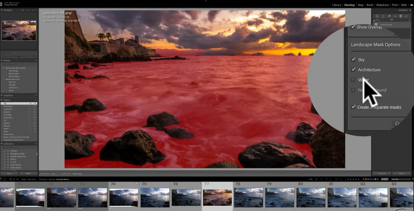 Lightroom's Select Landscape mask breaking the photo into Sky, Architecture, Water, and Natural Ground