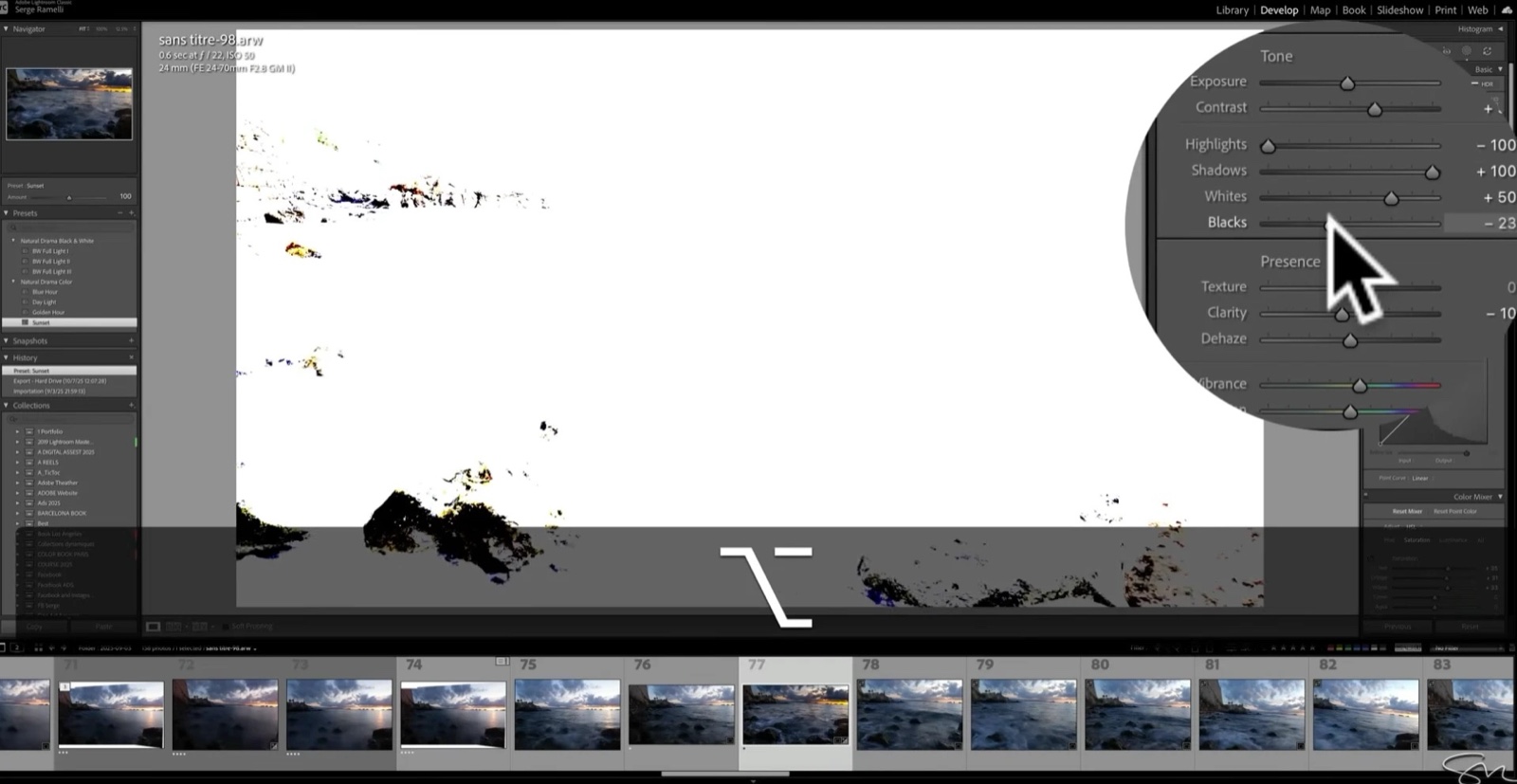Holding Option (Alt on Windows) while dragging the Blacks and Whites sliders to see exactly where clipping starts