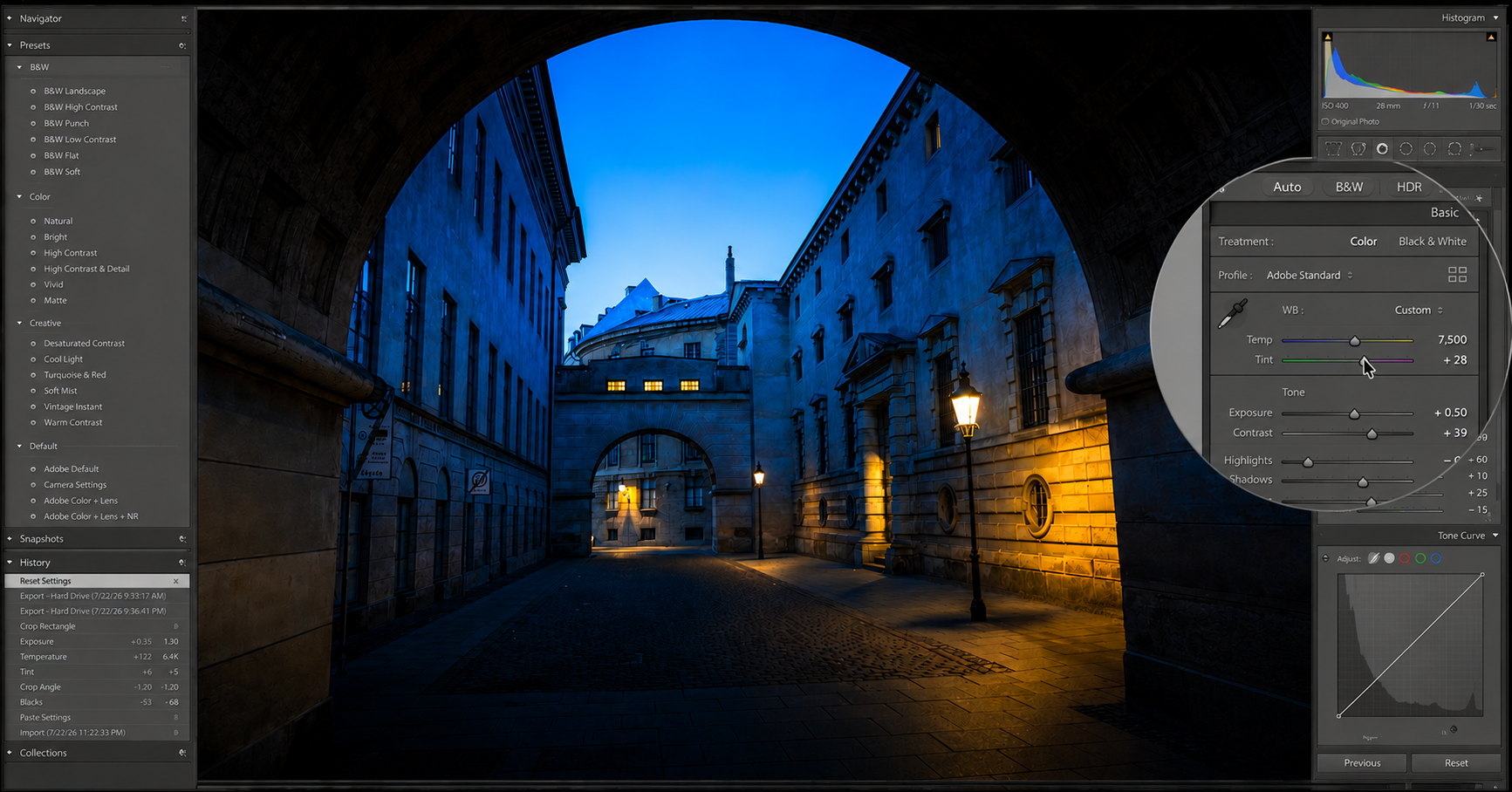 Fine-tuning after the preset: white balance, exposure, contrast, and black point adjusted to taste