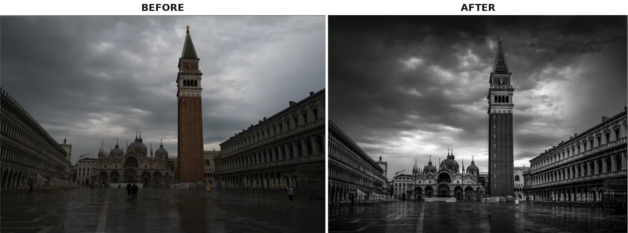 Before and after: the flat color original next to the finished dramatic black and white of Piazza San Marco