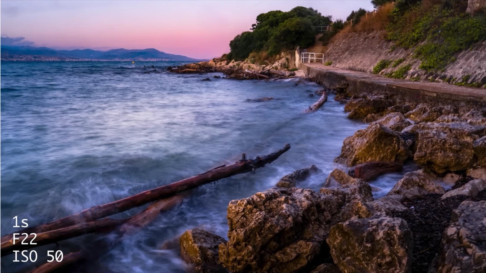 The same handheld frame at 1 second, f/22, ISO 50