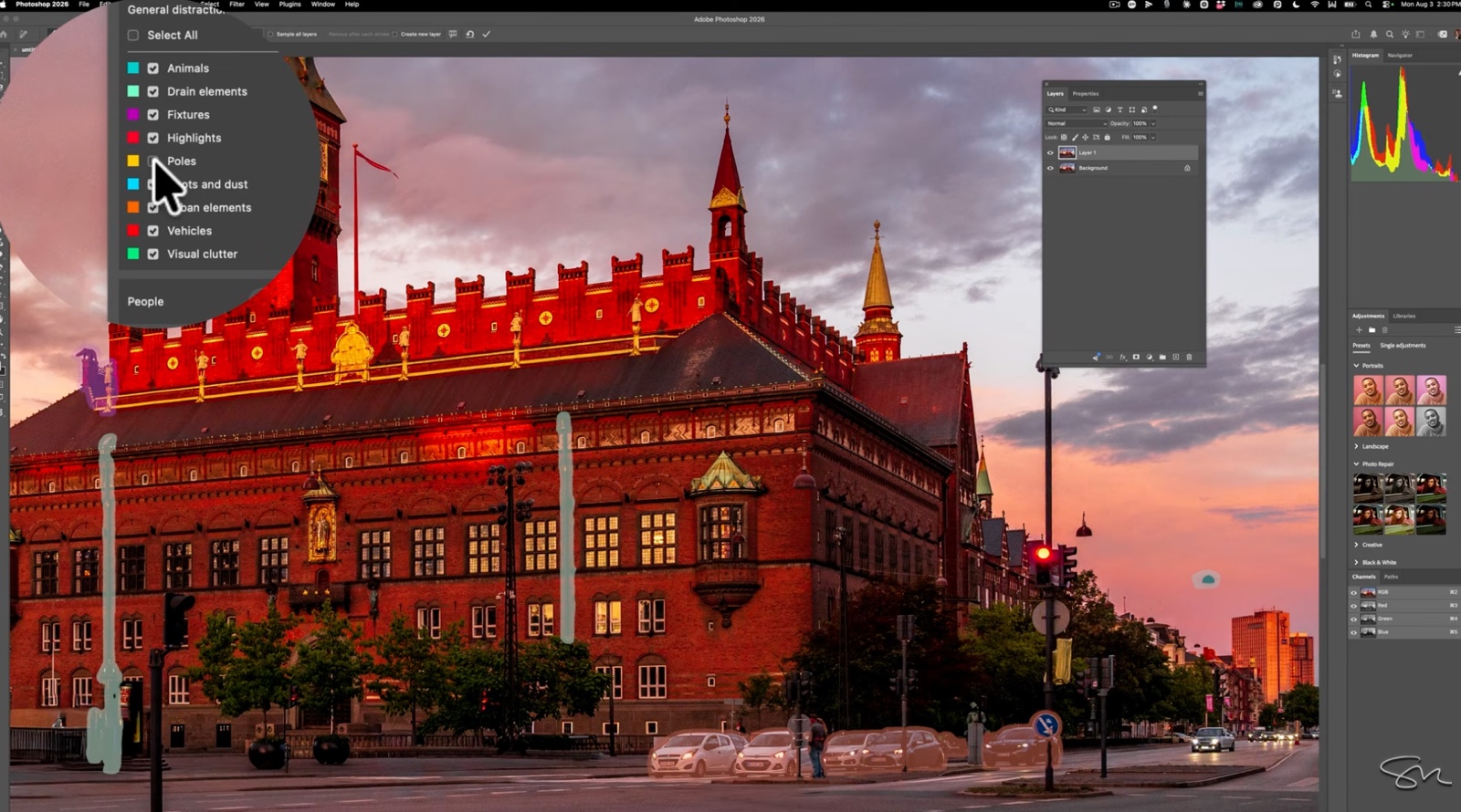 Photoshop's General Distraction mode, color-coding everything it can remove: vehicles in red, poles in yellow, and more