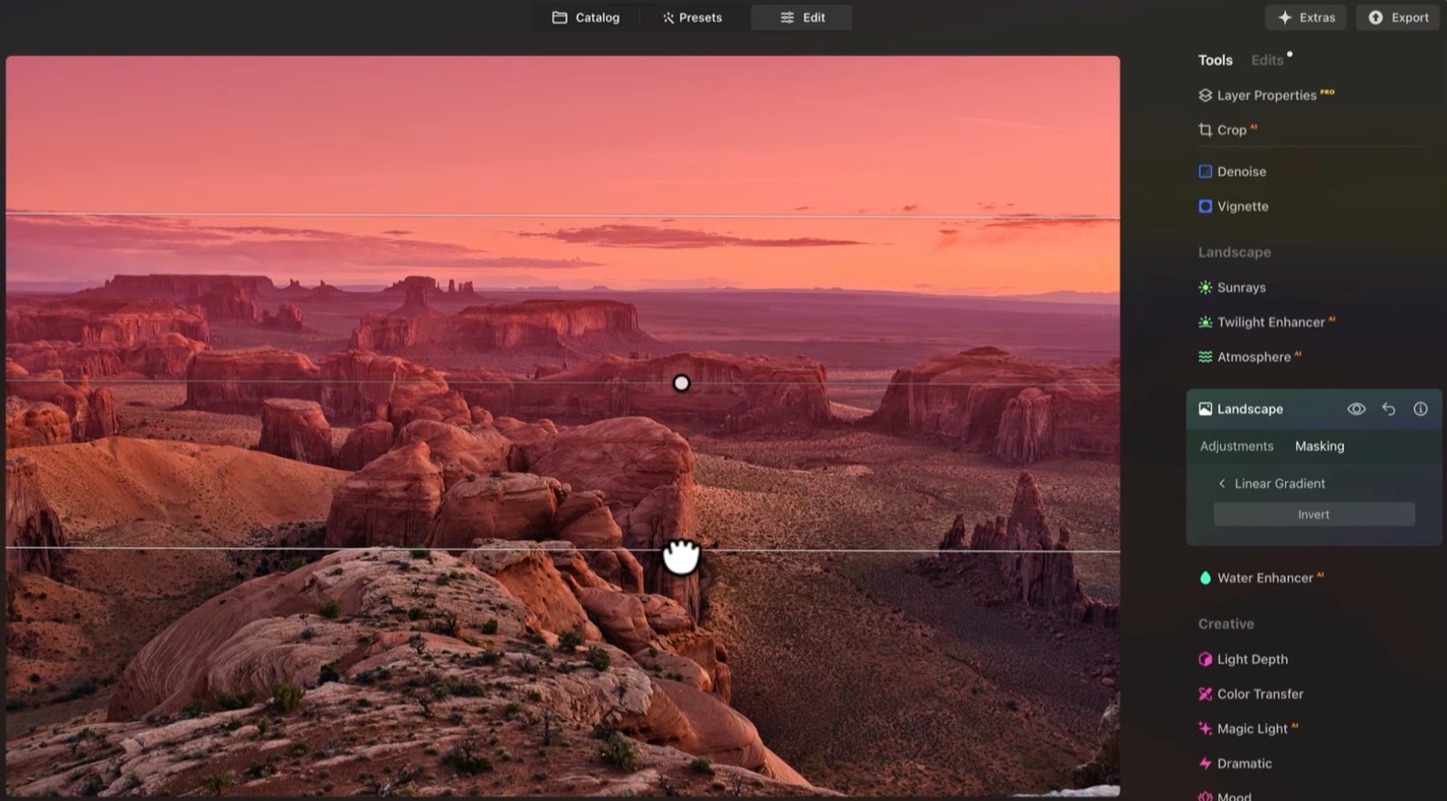 Golden Hour looking too strong everywhere on Hunts Mesa, fixed with a linear gradient mask limiting it to the sky