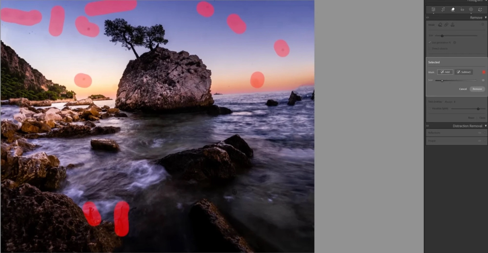 Brushing over dust and water spots on the Eze photo, then removing them with generative AI