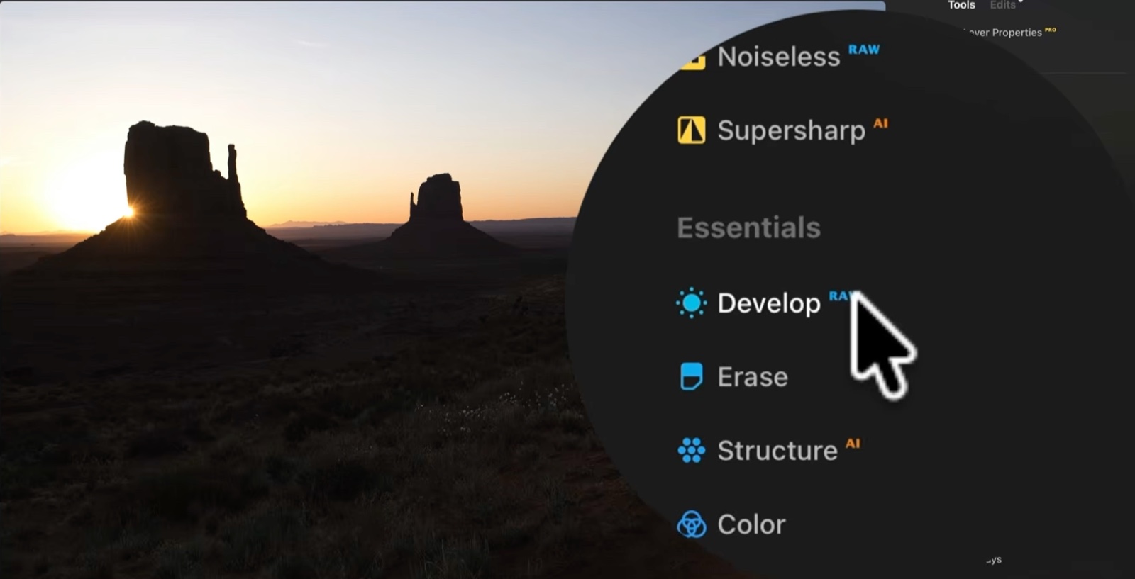 Luminar Neo's tools menu showing the Develop RAW badge before opening a RAW file