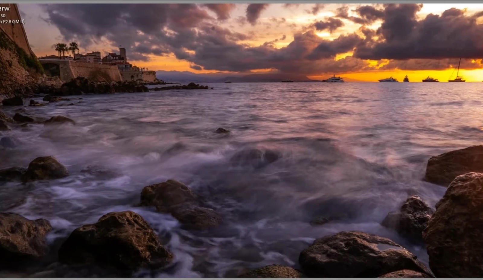 The finished long exposure over Antibes, fully graded