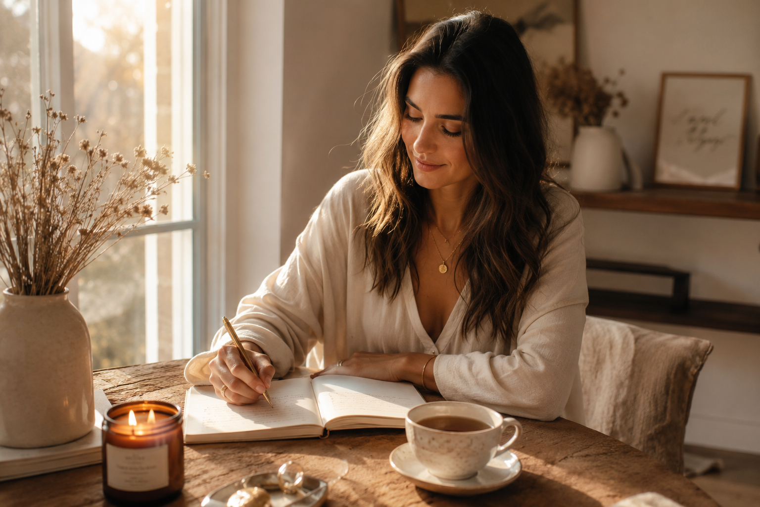 Shelby Carino journaling by a sun-filled window with a candle and morning coffee
