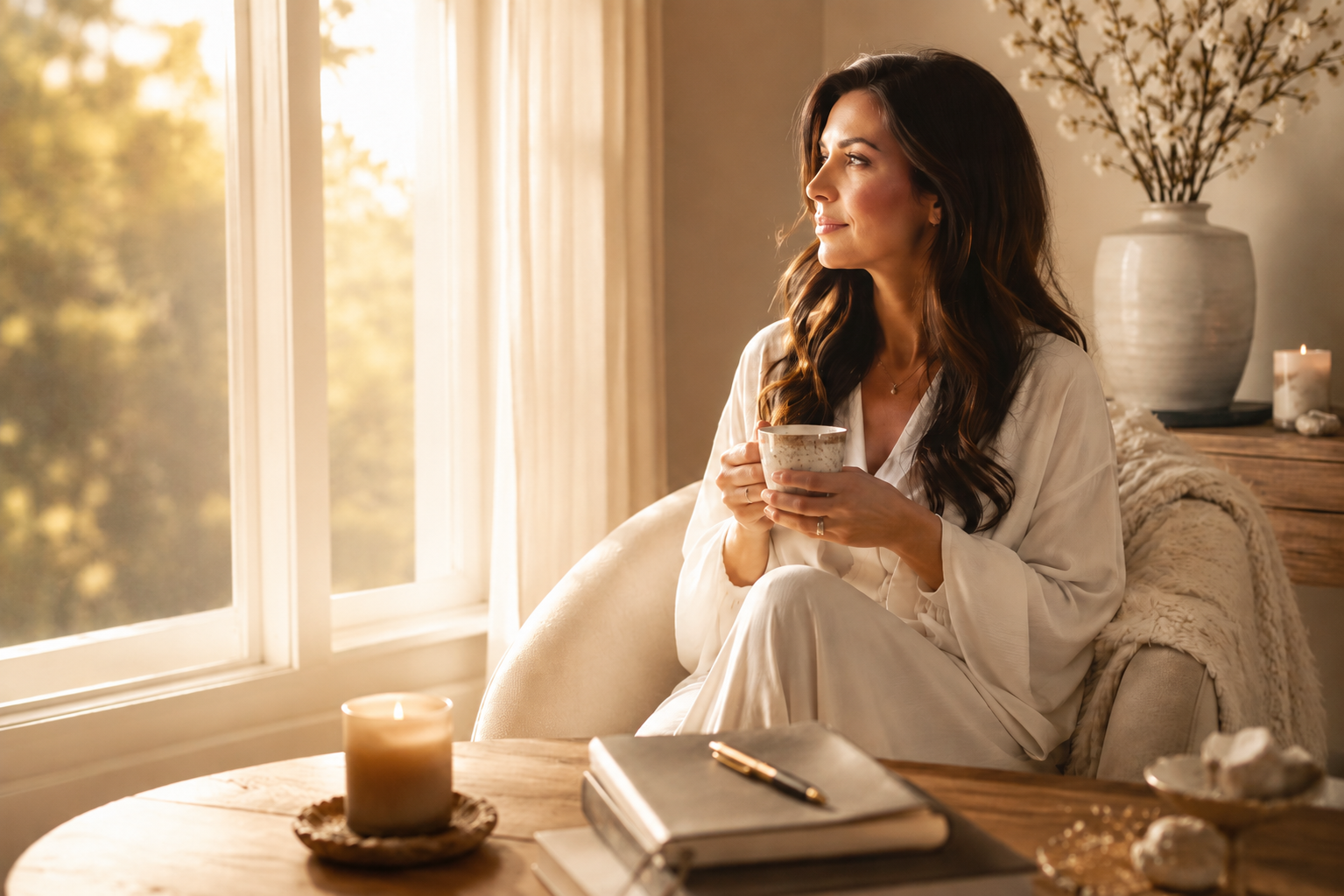 A woman sitting peacefully by a window in soft morning light, holding a warm cup — grounded and reflective