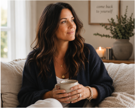 Woman sitting peacefully on a couch holding a warm mug