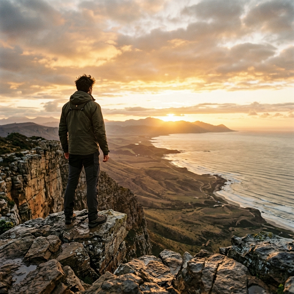 Young Men — figure on cliff at sunrise