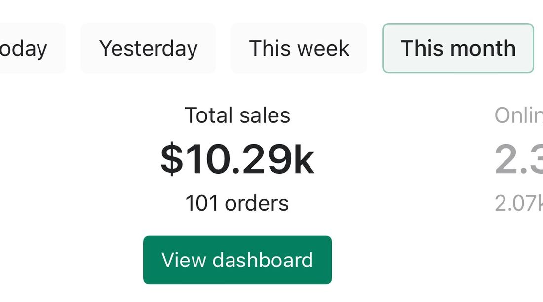 Shopify dashboard showing $10.29k total sales and 101 orders