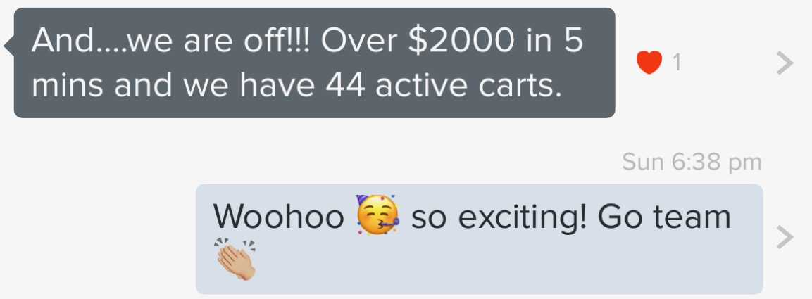 Student message: over $2,000 in 5 minutes with 44 active carts