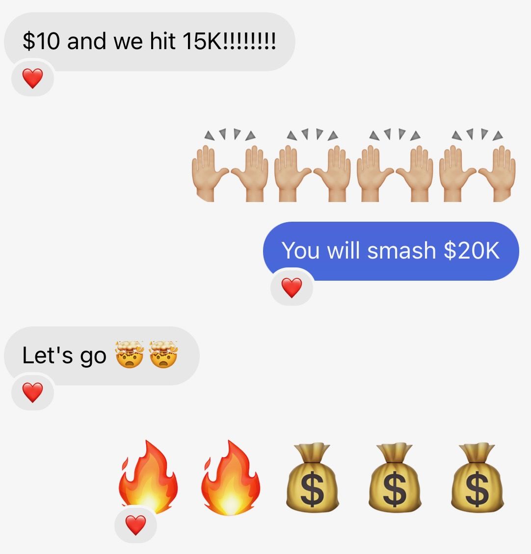 Client message celebrating hitting $15K with Kate replying you will smash $20K