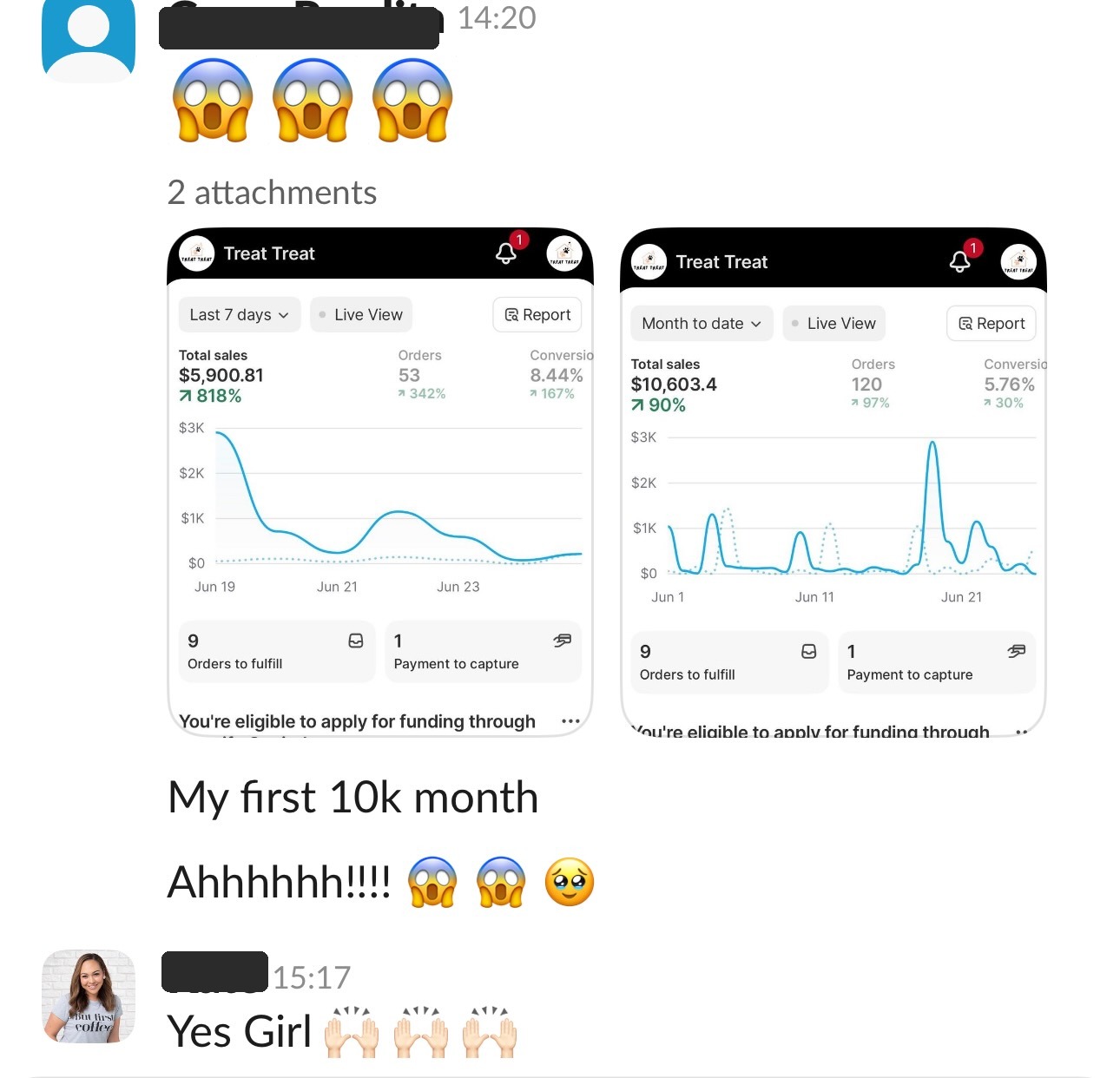 Student celebrating her first $10K month with store dashboard screenshots