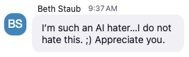 Testimonial from Beth Staub