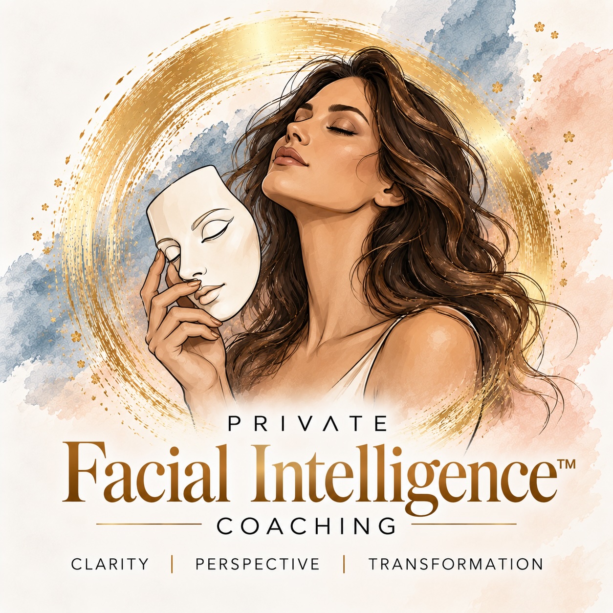 Private Facial Intelligence coaching portrait with gold circular brushstroke