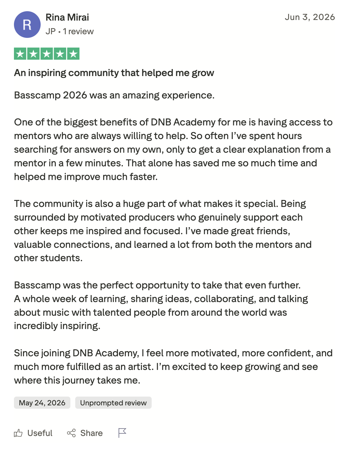DNB Academy Trustpilot review from a verified student
