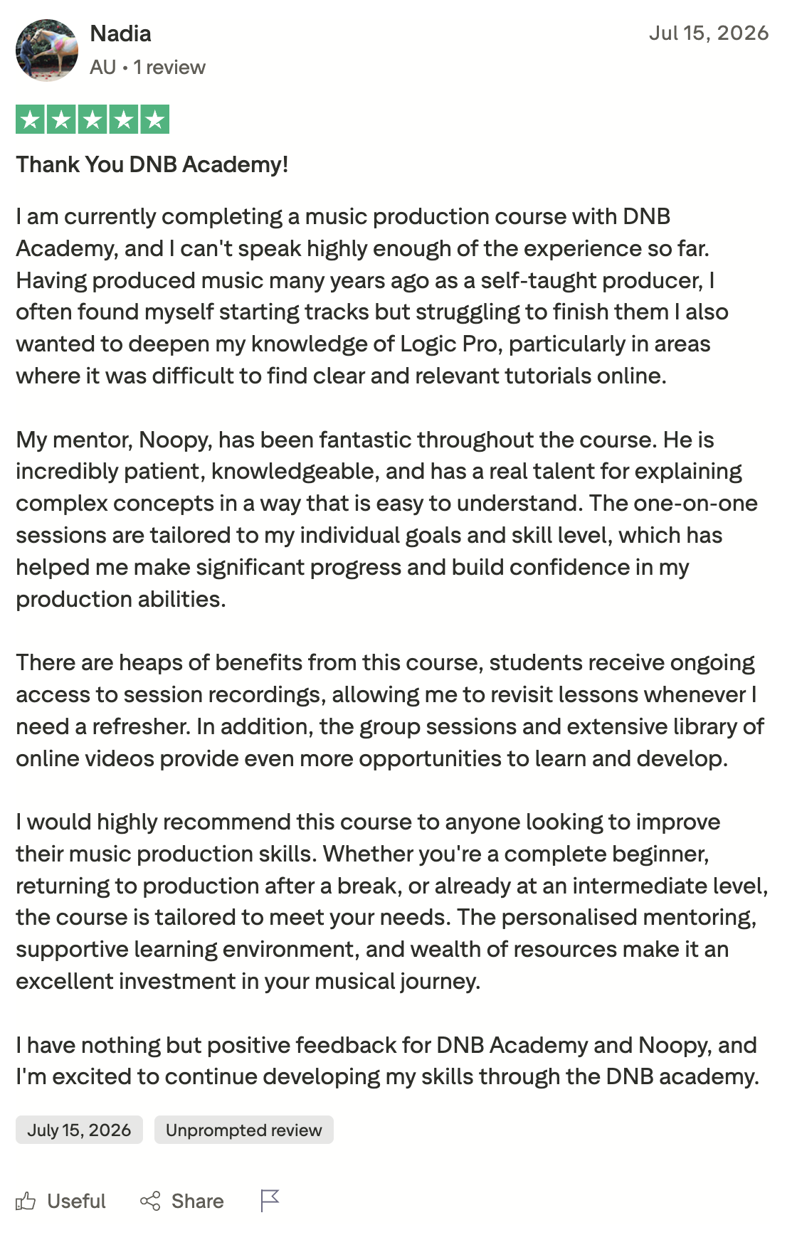 DNB Academy Trustpilot review from a verified student
