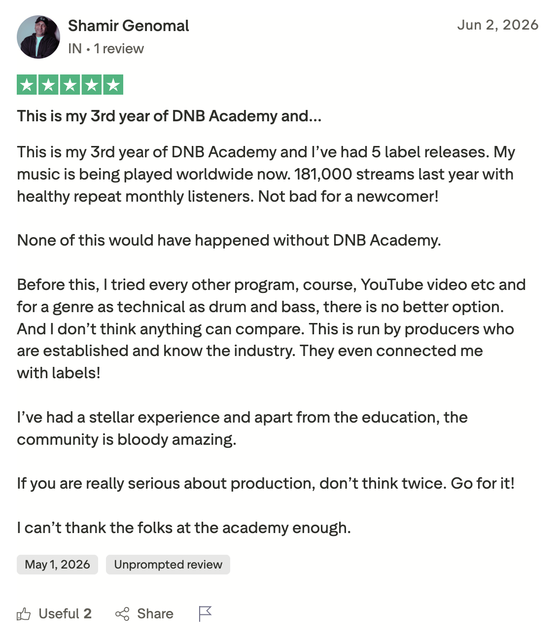 DNB Academy Trustpilot review from a verified student