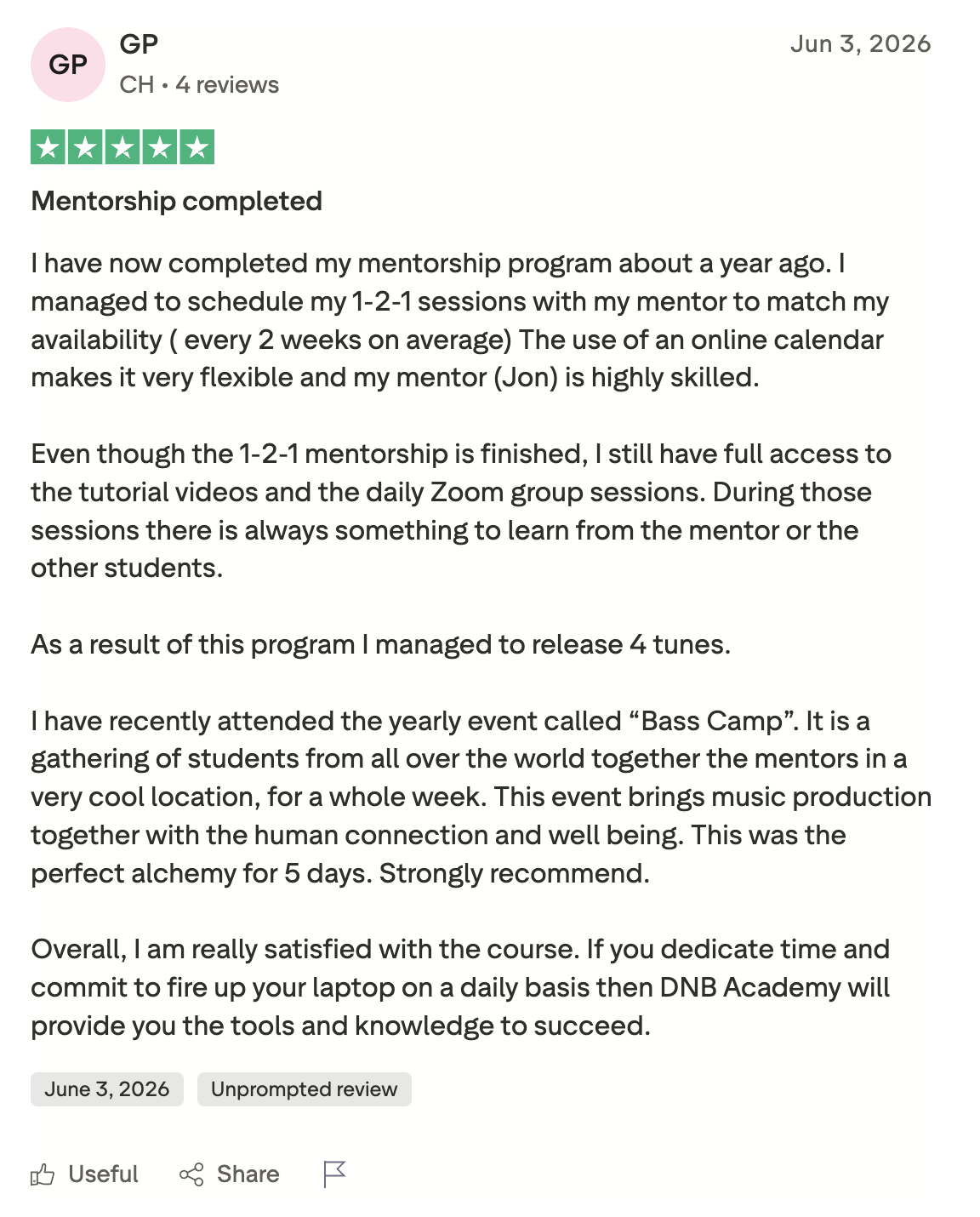 DNB Academy Trustpilot review from a verified student