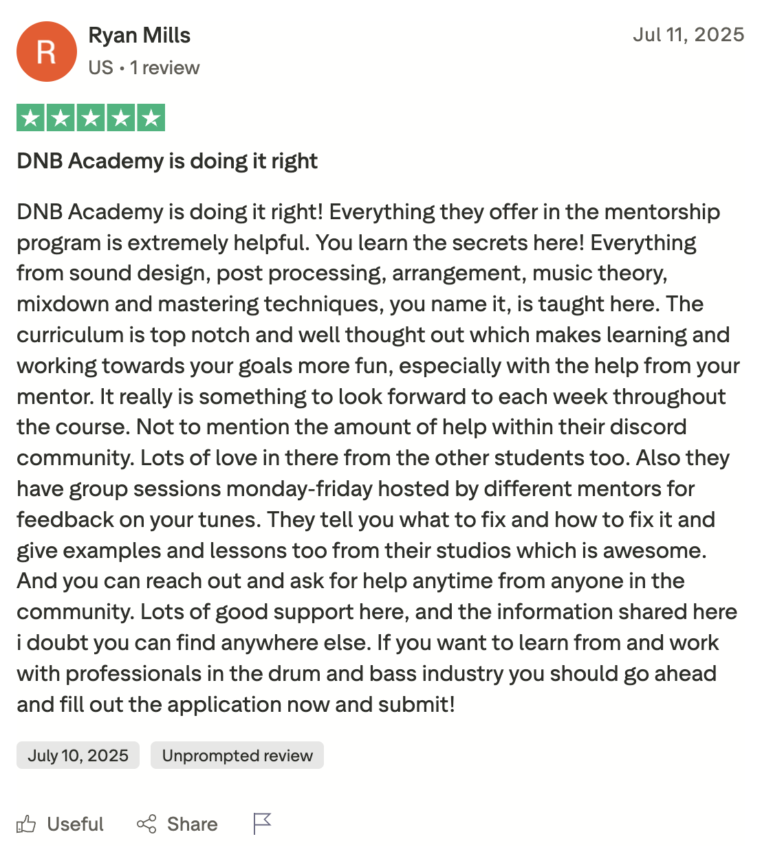DNB Academy Trustpilot review from a verified student