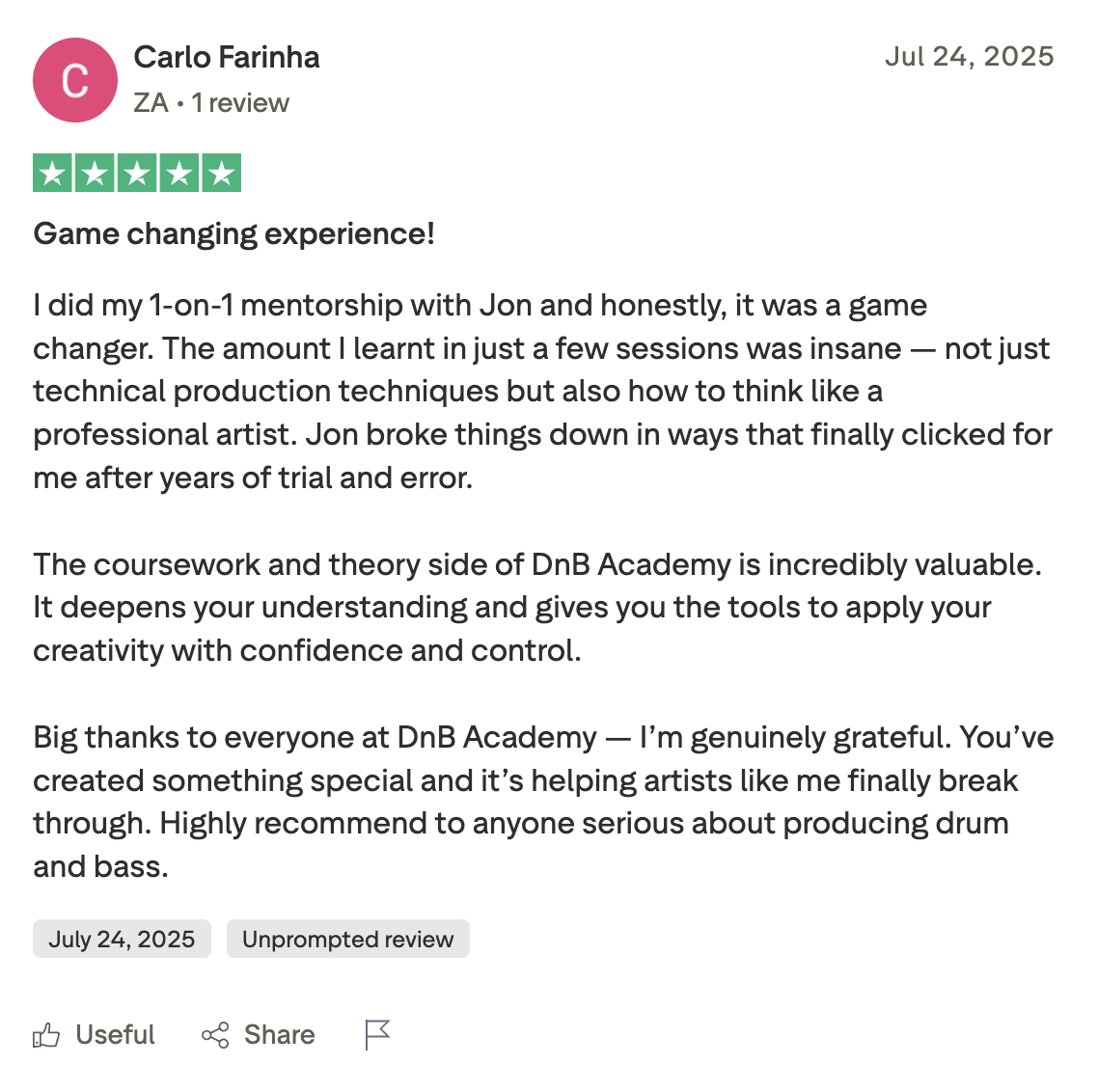 DNB Academy Trustpilot review from a verified student