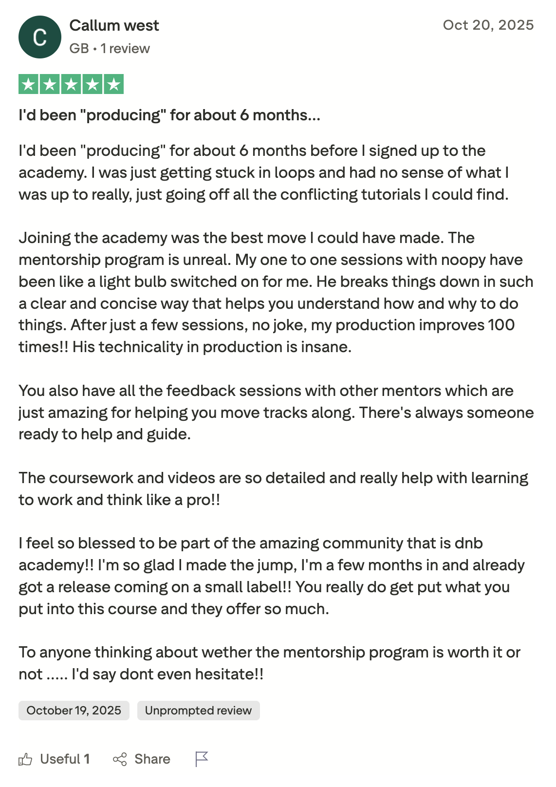 DNB Academy Trustpilot review from a verified student