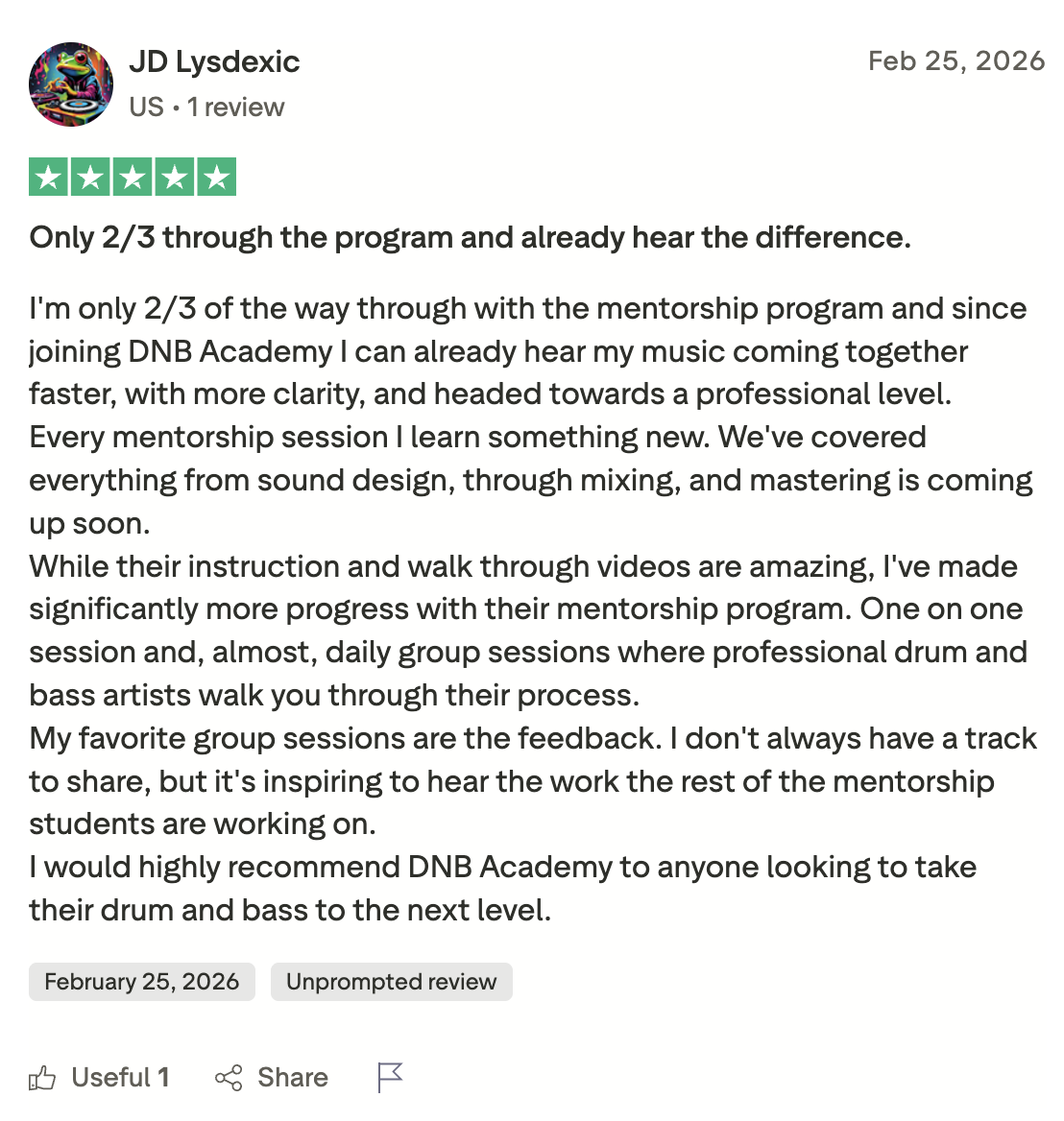 DNB Academy Trustpilot review from a verified student