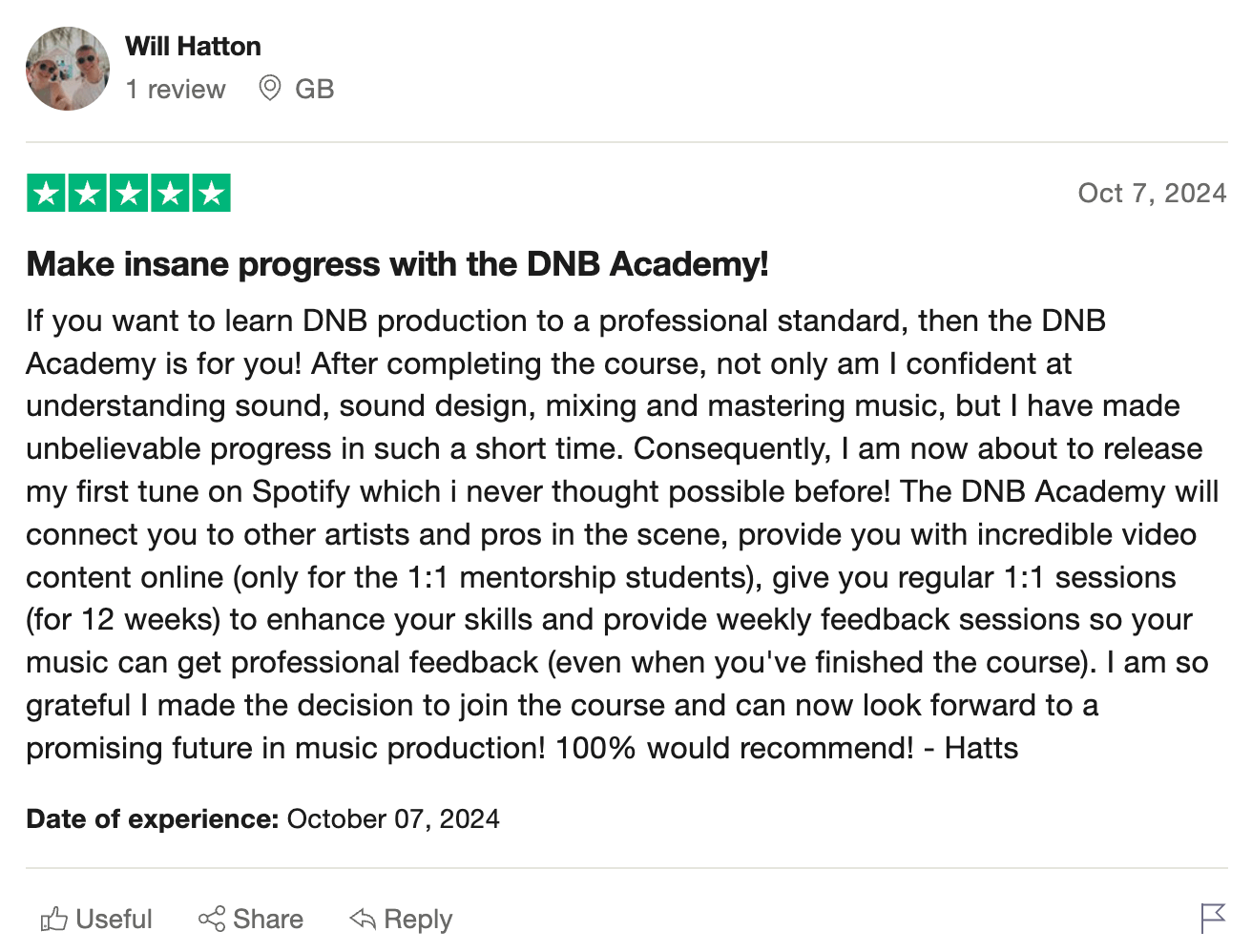DNB Academy Trustpilot review from a verified student