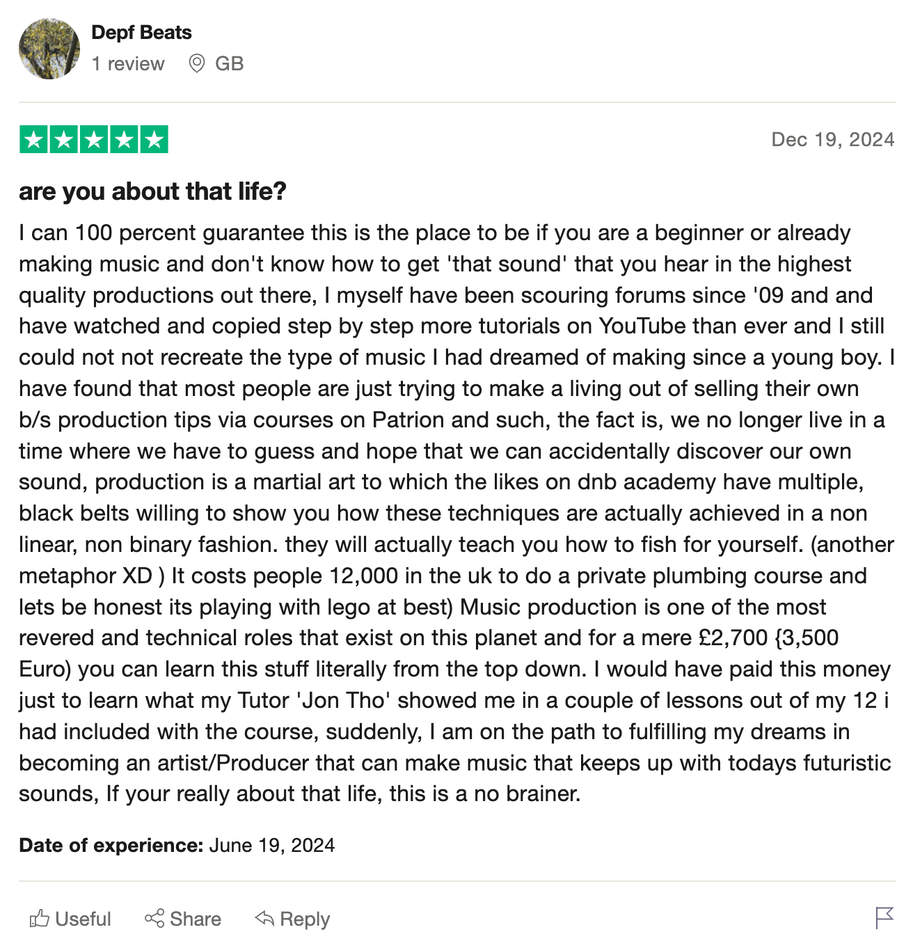 DNB Academy Trustpilot review from a verified student