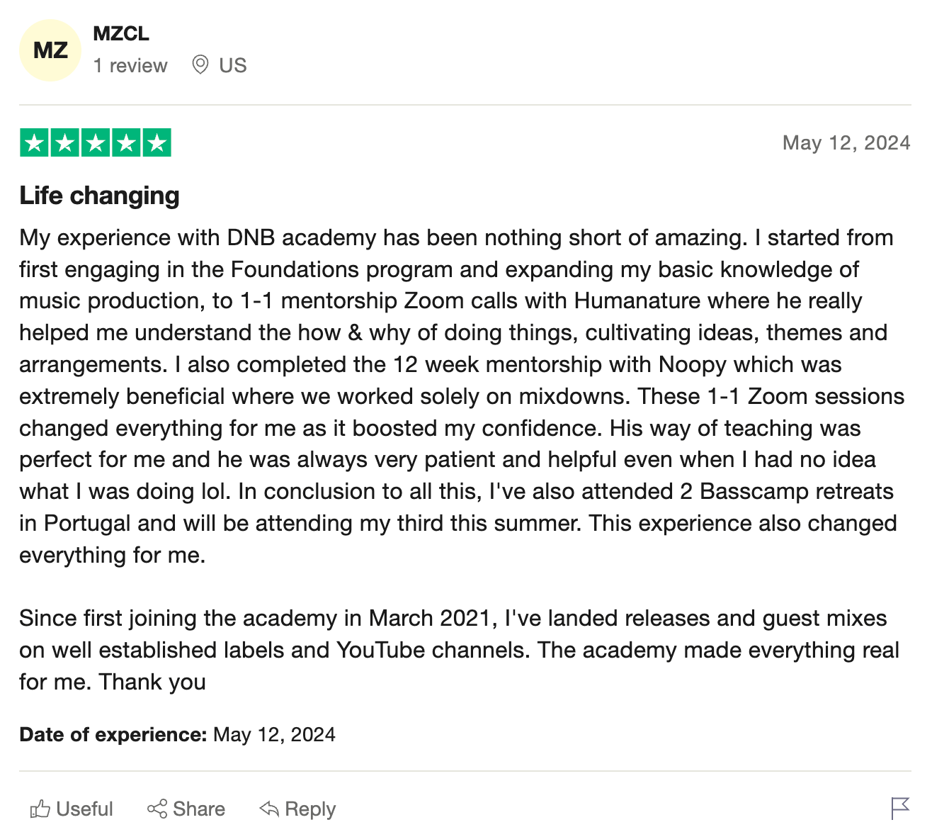 DNB Academy Trustpilot review from a verified student
