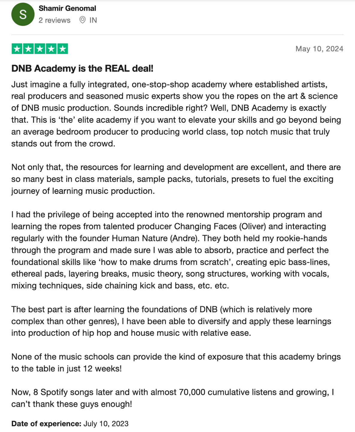 DNB Academy Trustpilot review from a verified student