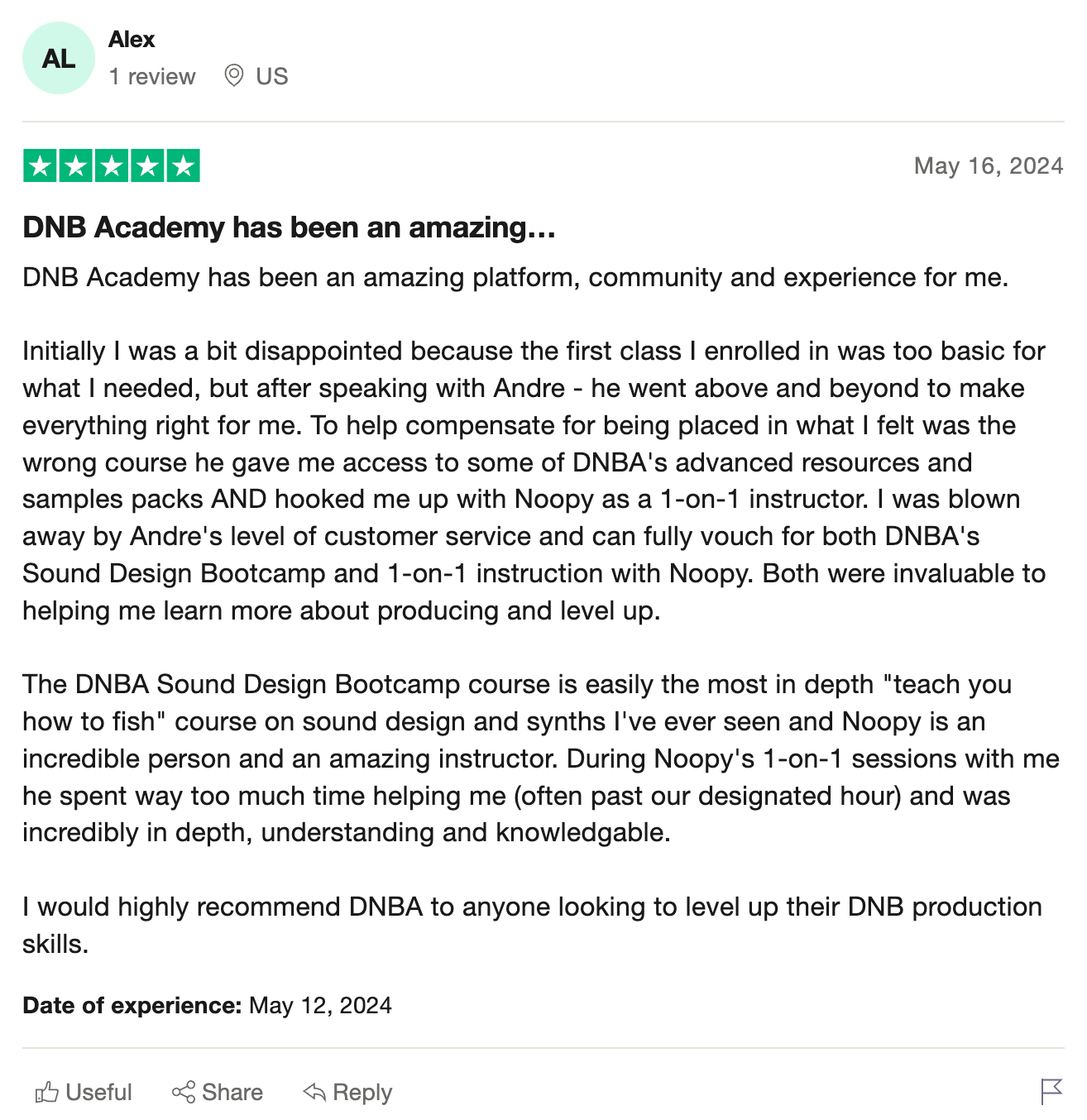 DNB Academy Trustpilot review from a verified student