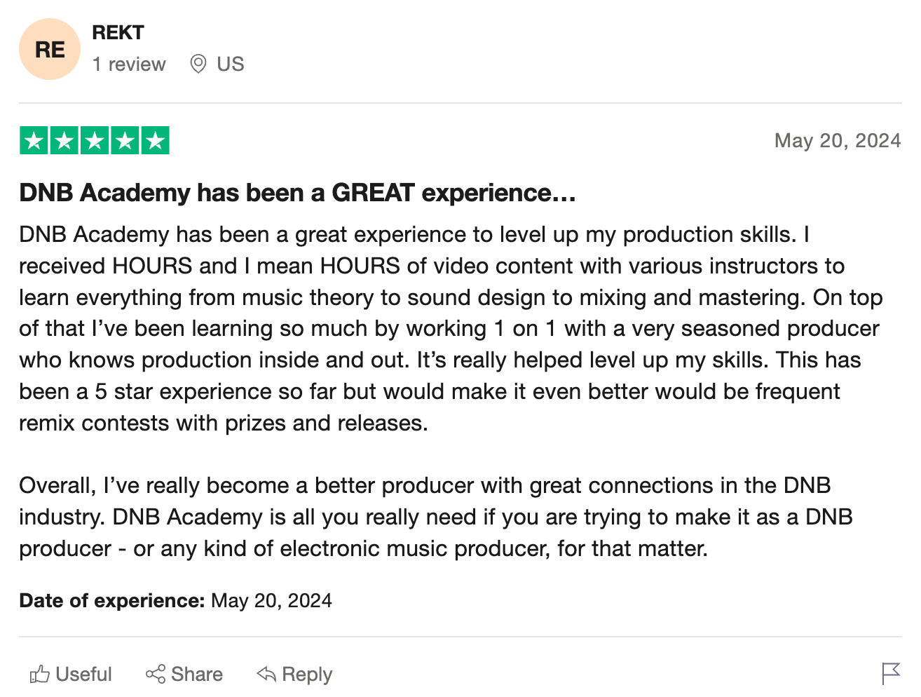 DNB Academy Trustpilot review from a verified student