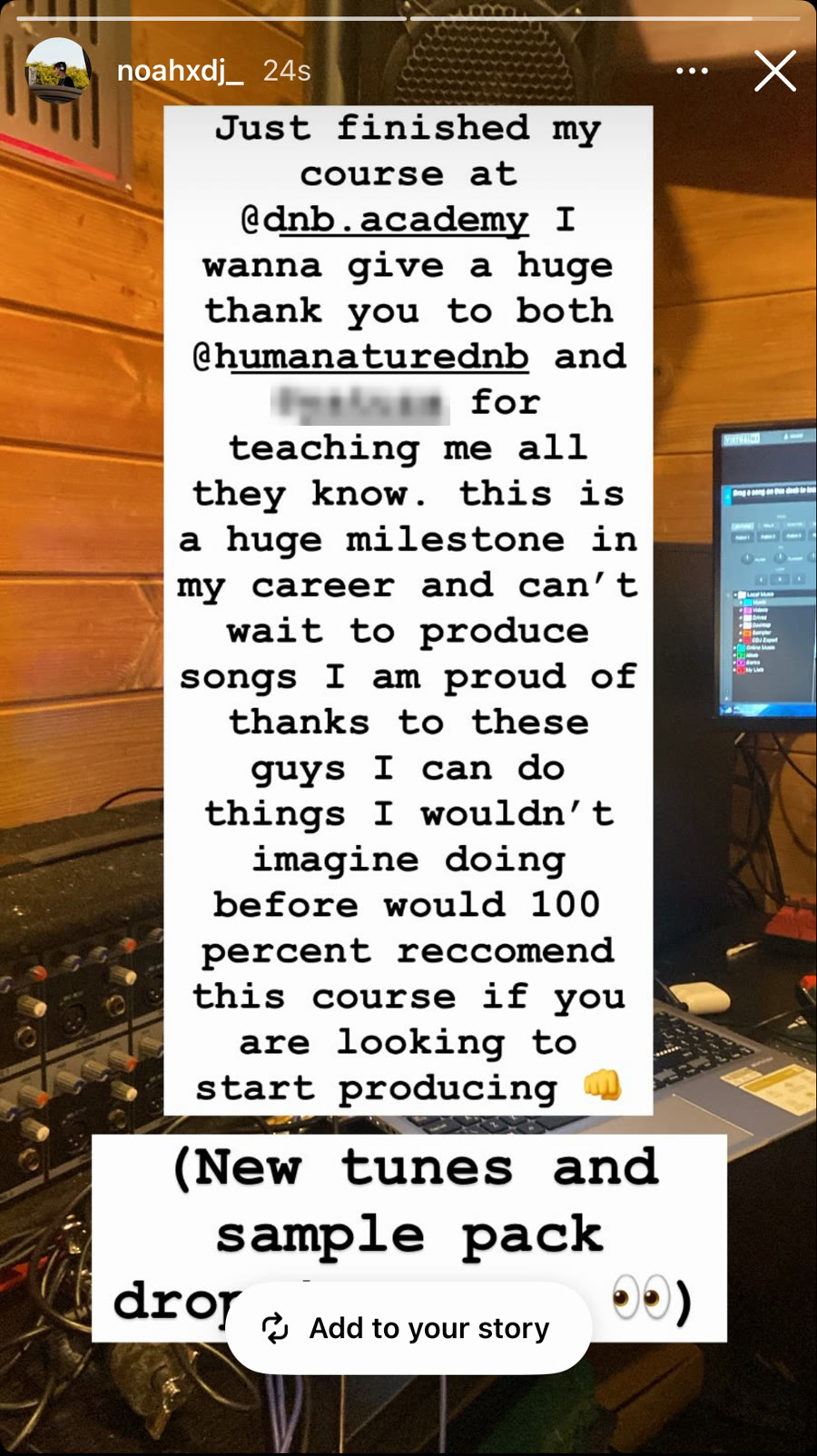 Noah’s Instagram story after finishing his DNB Academy course