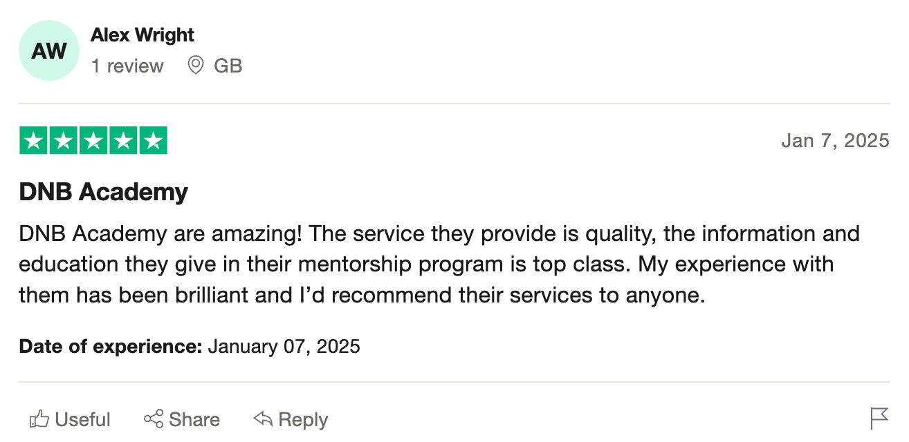 DNB Academy Trustpilot review from a verified student