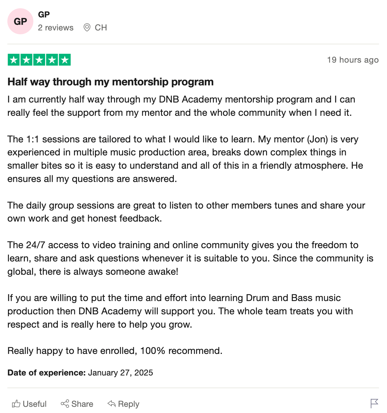 DNB Academy Trustpilot review from a verified student