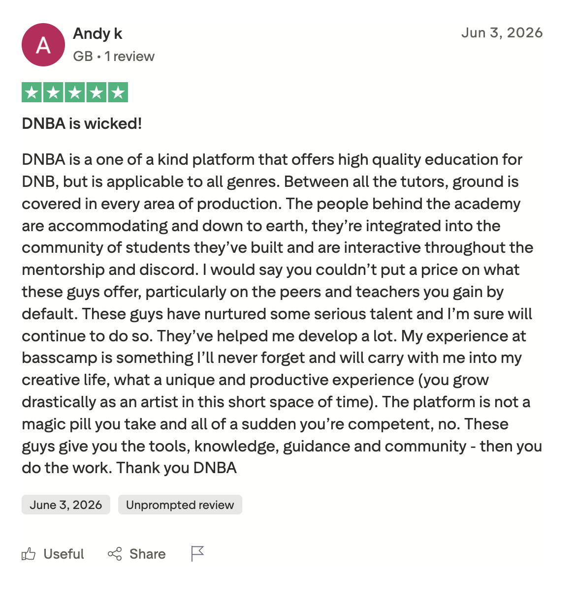 DNB Academy Trustpilot review from a verified student