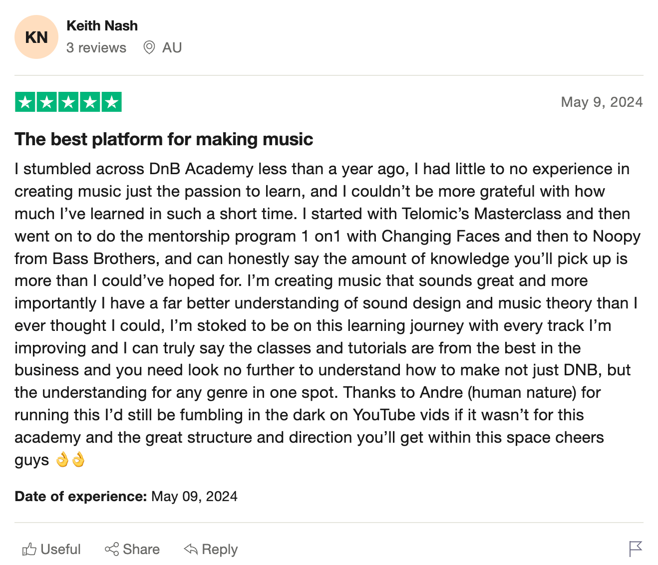 DNB Academy Trustpilot review from a verified student