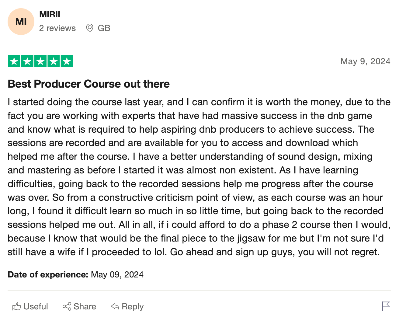DNB Academy Trustpilot review from a verified student